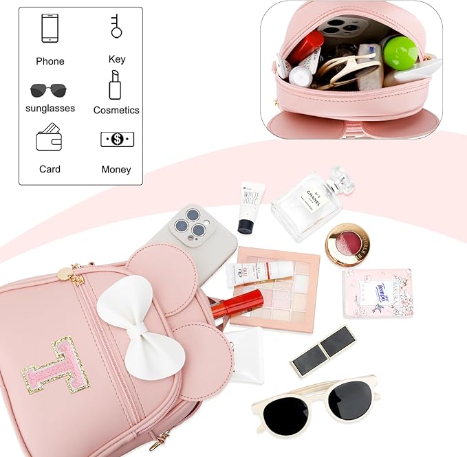 KKXIU Girls Initial Bowknot Cute Mini Backpack for Toddler, Travel Small Girl Backpacks, Personalized Valentine's Day Gifts for Little Girls and Kids(T, Pink)