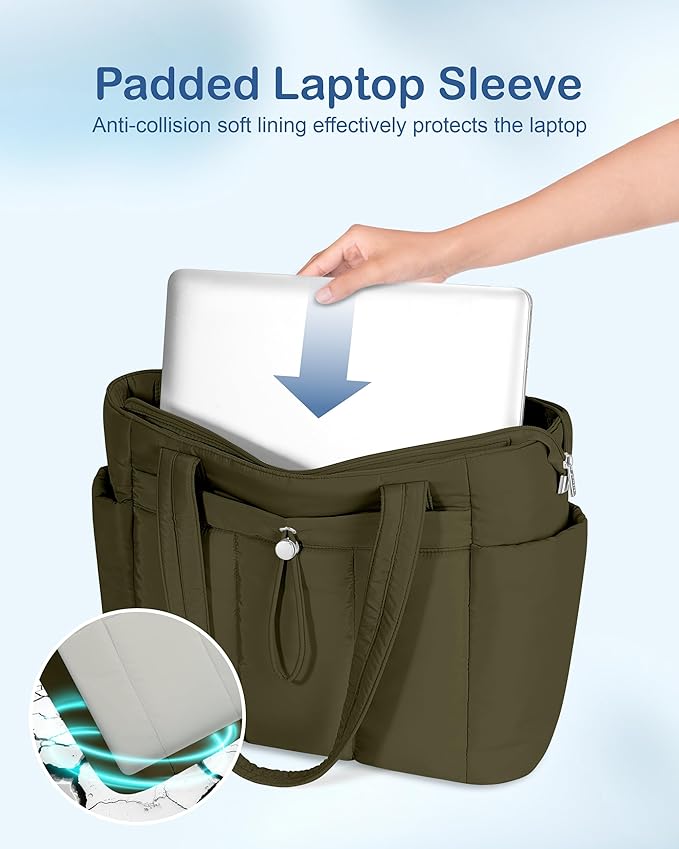 TOPDesign Puffy Tote Bag for Women with Cup Holder & Laptop Compartment & Cosmetic Bag & Trolley Sleeve for Work, Travel