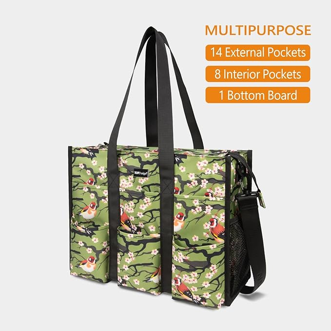 TOPDesign Utility Water Resistant Tote Bag with 22 Pockets, Top Zipper Closure & Thick Bottom Support, for Working Women