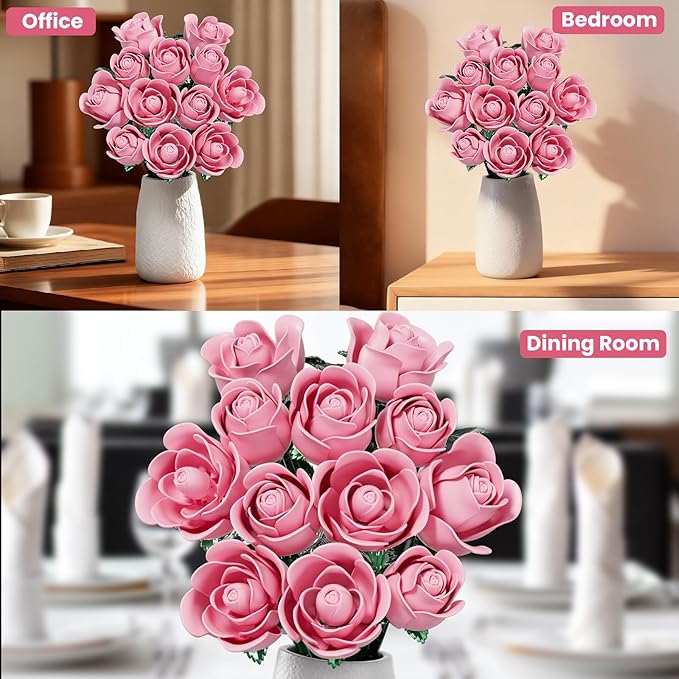 XGSHJ Valentine's Day Gift Pink Rose Bouquet Building Set for Adults Women - 12 Pack Botanical Collection Gift for Christmas Artificial Flowers Botanical Collection Centerpiece Retro Decor