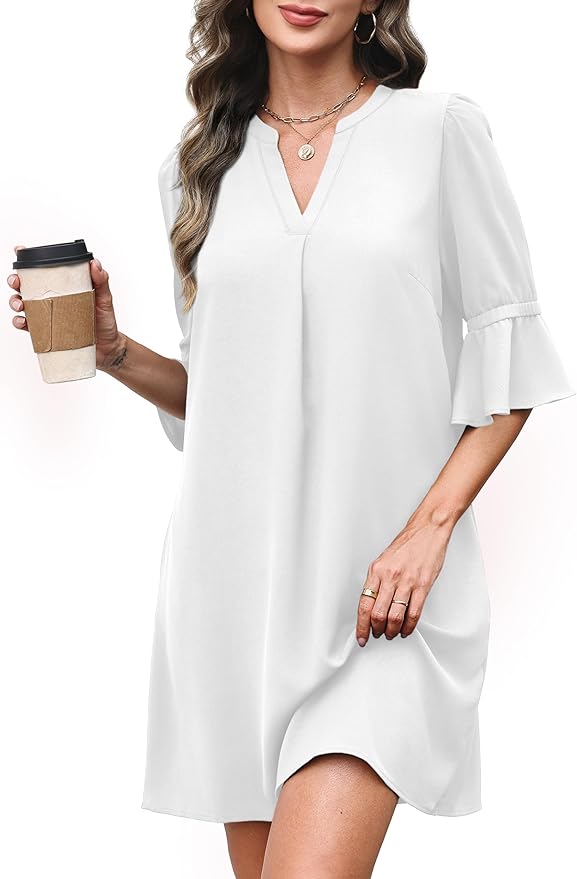 RUMIA Shift Dress for Women V Neck Ruffle Short Sleeve Loose Casual Summer Dress