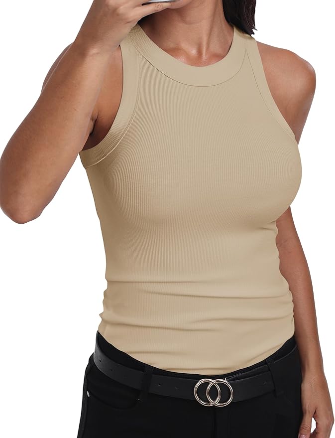 GEMBERA Womens Sleeveless Racerback High Neck Casual Basic Cotton Ribbed Fitted Tank Top