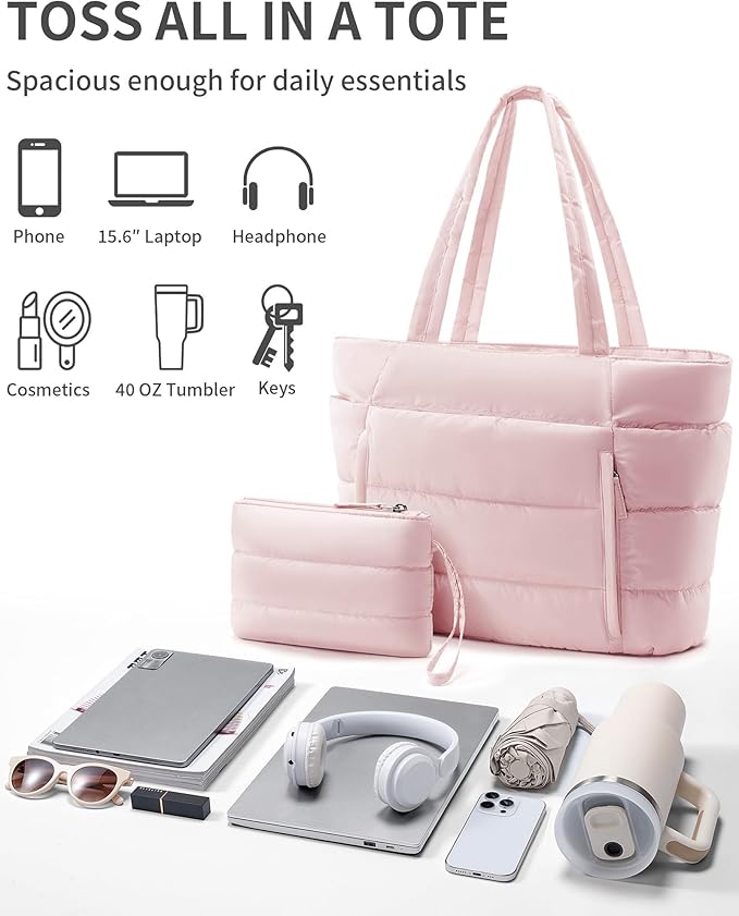 Puffer Tote Bag for Women, Lightweight Puffy Work Handbag Teacher Nurse Quilted Shoulder Bag for School Travel Gym | Quilted, with Zipper, Daily Carry On Bags, Comfy College Bags, 15.6" Laptop Sleeve, Cup Holder Pocket, Portable, Spacious