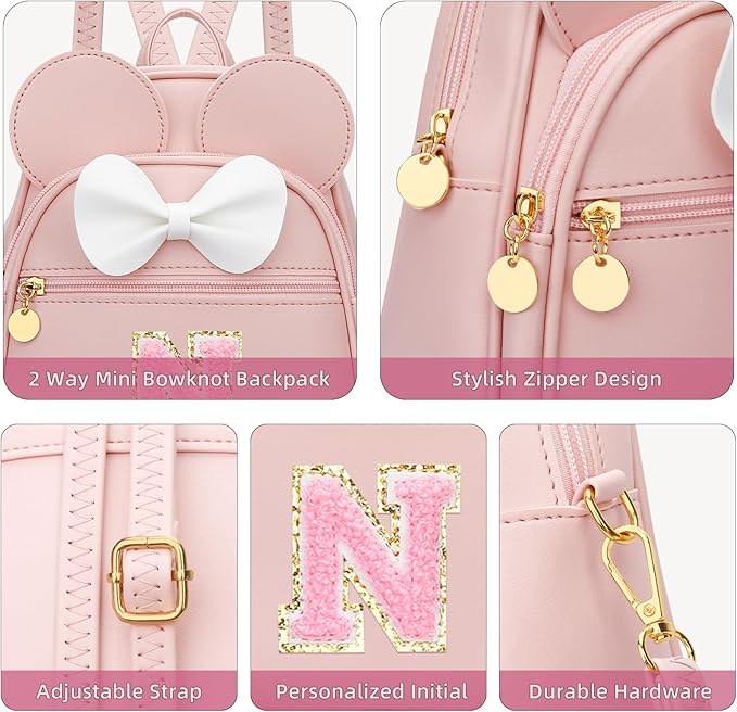 KKXIU Girls Initial Bowknot Cute Mini Backpack for Toddler, Travel Small Girl Backpacks, Personalized Valentine's Day Gifts for Little Girls and Kids(N, Pink)