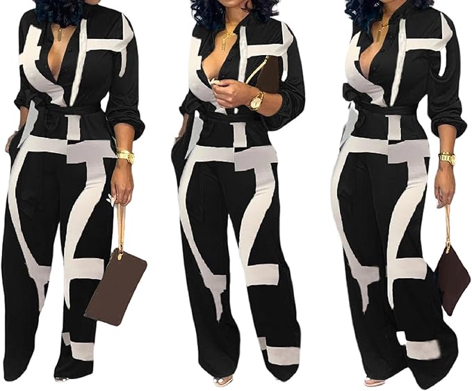 SeNight Women's Jumpsuits Elegant Business Casual Button Down V Neck Long Sleeve Strap Straight Long Pants With Pockets