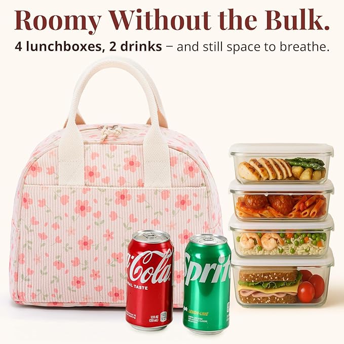 Insulated Pink Lunch Bag for Women, Stylish Corduroy Tote with Aluminum Lining, Large Capacity Reusable Cooler for Work, Travel, Beach or Picnic, Pink Floral Water-Resistant Lunch Box