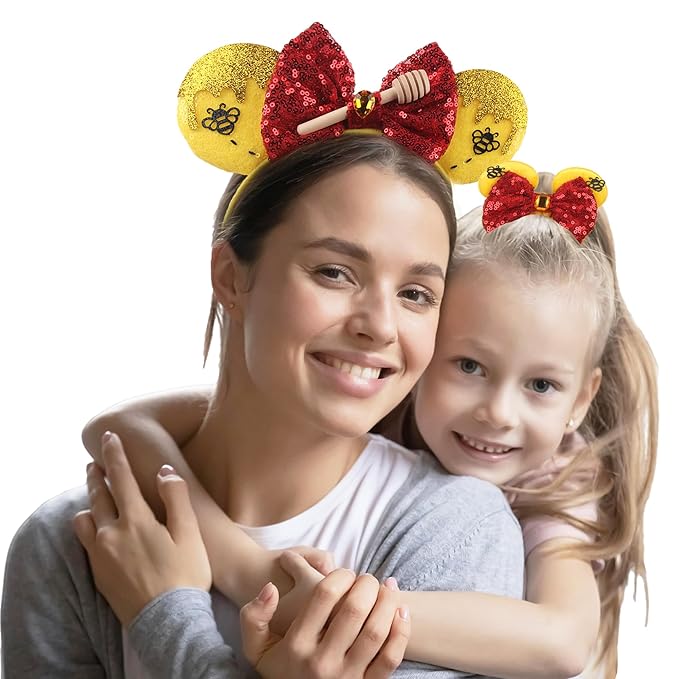 zhezesmila Mouse Ears Headbands 2 Sets Honey Bee Sequin Minn Ears Scrunchies Yellow Bear Ears Hair Accessories for Women Carnival Birthday Party