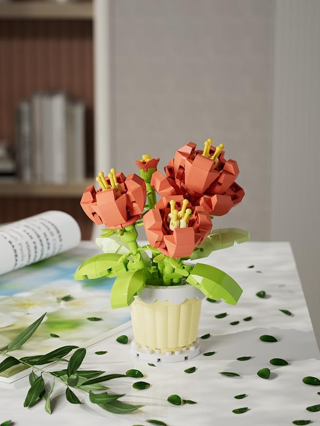 Jollcnoia Peony Mini Flower Potted Plant Bonsai Building Toy Blocks Particle Flower Botanical