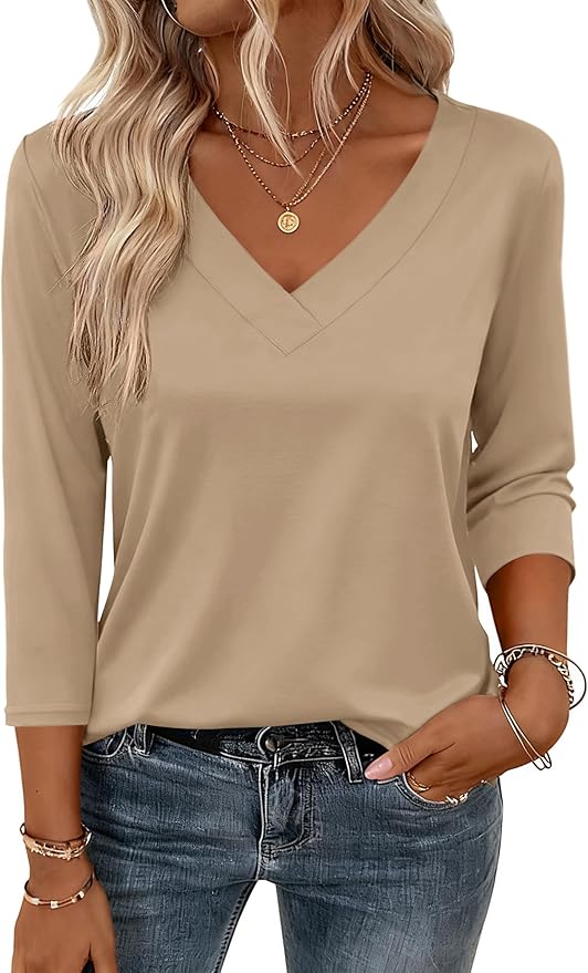 Zeagoo 3/4 Length Sleeve Womens Tops V Neck Shirt Dressy Casual Blouse Basic Tshirts 2026 Fashion Clothing S-2XL
