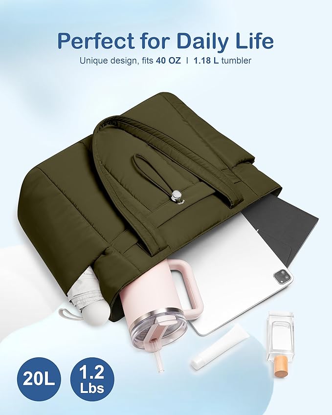TOPDesign Puffy Tote Bag for Women with Cup Holder & Laptop Compartment & Cosmetic Bag & Trolley Sleeve for Work, Travel