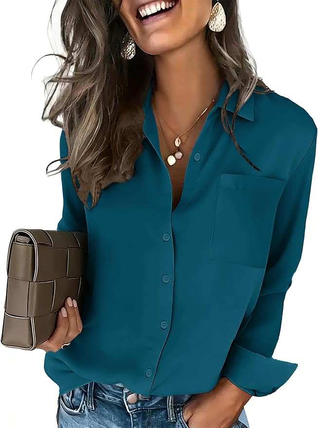 HOTOUCH Button Down Shirts for Women Long Sleeve Blouse Dressy Casual Business Work Tops with Pocket