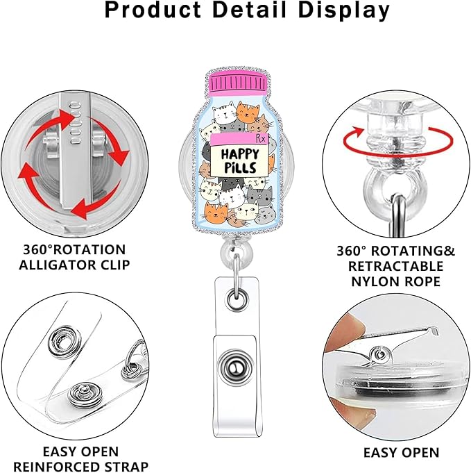 Happy Pills Cat Dog Badge Reels Retractable Funny Cute Badge Holder with Badge Reel ID Clip Name Tag Card Tag Card Badge Clip Acrylic Accessories Gifts Nurse