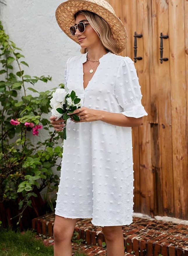 QACOHU Summer Dresses for Women V Neck Ruffle Short Sleeve Casual Shift Dress