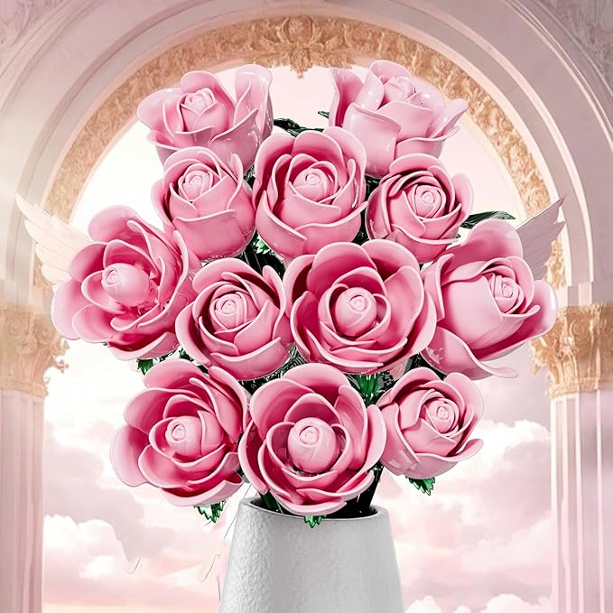 XGSHJ Valentine's Day Gift Pink Rose Bouquet Building Set for Adults Women - 12 Pack Botanical Collection Gift for Christmas Artificial Flowers Botanical Collection Centerpiece Retro Decor