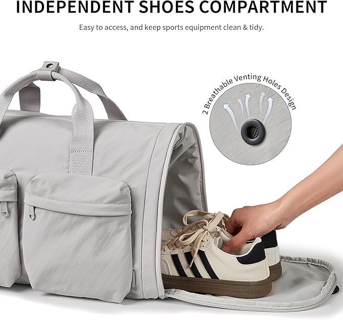 Aji Foldable Travel Duffel Bag for Women with Shoes Compartment, 3 in 1 Carry on Gym Bag with Removable Dry Wet Bag, Lightweight&Water Resistant Duffel Bag for Travel,Sports&Workout, Elegant Gray