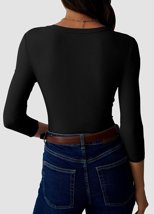 Womens 3/4 Sleeve Scoop Neck Top Ribbed Knit Slim Fitted Casual Basic Tee Shirts 2025 Fall Trendy Work T-Shirt Outfits