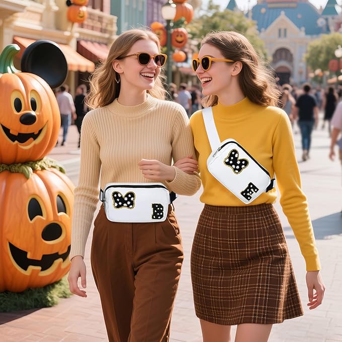 Chenille Initial Letter Bow Mouse Fanny Pack, Waterproof Park Crossbody Bag Christmas Birthday Gifts for Teen Girls Daughter Women Kids Adults, Cute Belt Bag Must Haves for Park Travel (B, White)