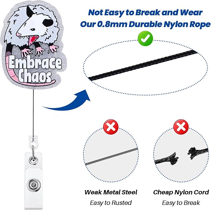 Embrace Chaos Funny Badge Reel, Cute Opossum Retractable ID Card Badge Holder, Name Tag Work Badge Clip for ICU NICU RN LPN CNA MA ER Night Shift Nurse Nursing Student OB/GYN L&D Doctor, Nurse Gifts
