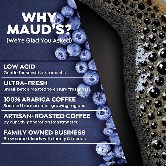 Maud's Blueberry Flavored Coffee Pods, 50 ct, Medium Roast Flavored Coffee in Recyclable Single Serve Pods – 100% Arabica Beans, Compatible with Keurig K Cups Maker