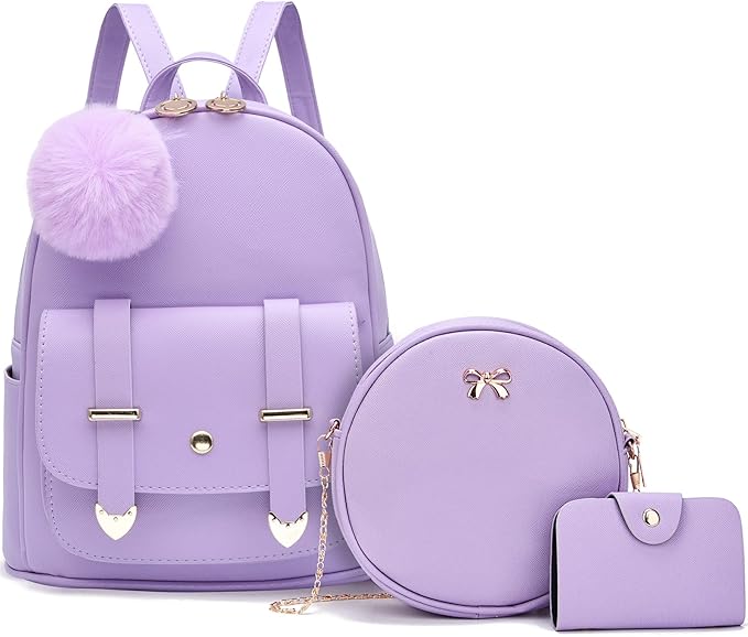 I IHAYNER Mini Backpack Purse for Teen Girls 3-PCS Fashion Backpack Cute Travel Daypacks Women Pompom Backpack Shoulder Bag