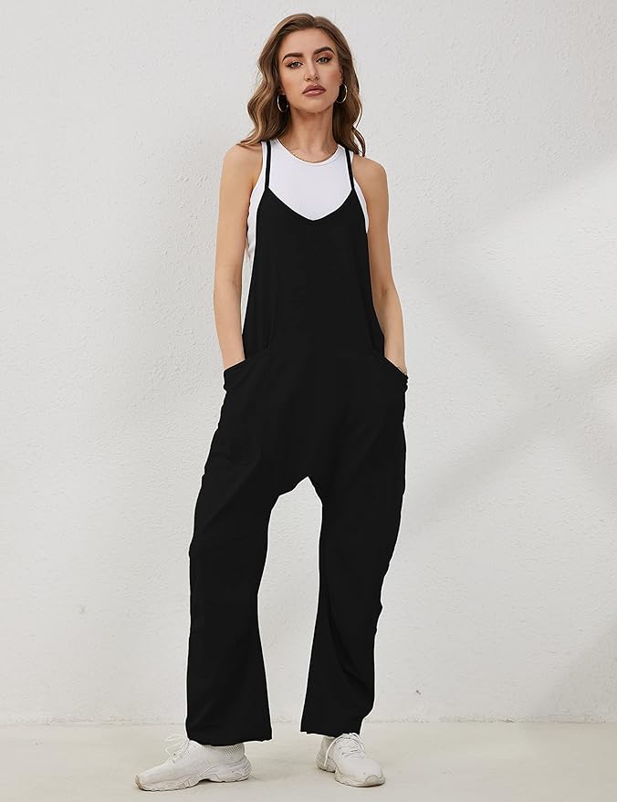 Lentta Women's Causal Jumpsuits V Neck Sleeveless Harem Overalls Stretchy Adjustable Strap Romper with Pockets