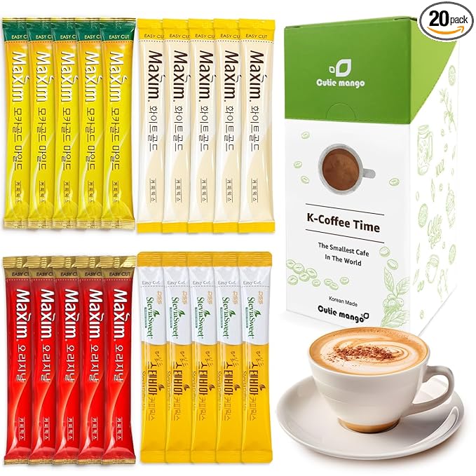 CUTIE MANGO Maxim & Stevia Variety 20 Sticks Premium Korean Instant Coffee Sampler White Mocha Original Zero Sugar Stevia Assortment Café Style Camping Party 4 Flavors Packets Easy-Cut (5 Sticks Each)
