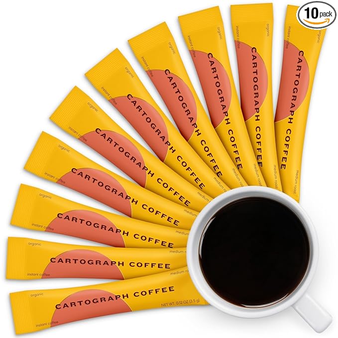Cartograph Organic Instant Coffee Packets Single Serve 10PK - Medium Roast Instant Espresso - Freeze Dried Coffee Instant Powder - Individual Coffee Packets - Gourmet Instant Coffee Sticks