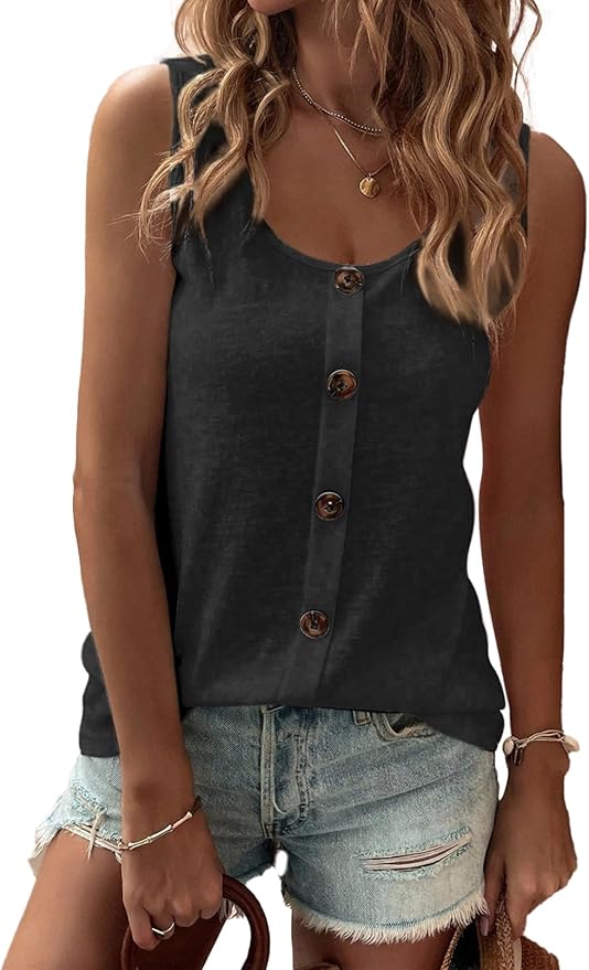 SHEWIN Womens Tank Tops Solid Button Crewneck Sleeveless Summer Tops Loose Fit