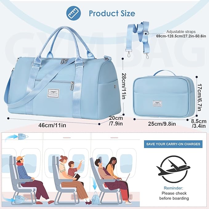 FIORETTO Womens Gym Tote Duffle Bag with Toiletry Bag, Sports Duffel Overnight Hospital Workout Carry on Bag for Girls with Wet Pocket & Shoe Compartment, Ideal for Travel, Swimming, Dance Light Blue
