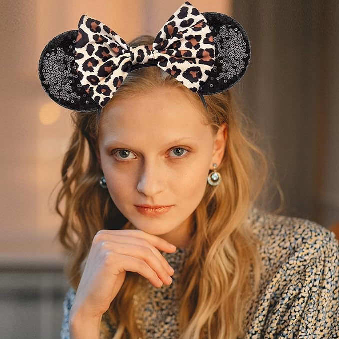 RAZKO Mouse Ears Headband, Sequin Leopard Mice Ears Hairband Animal ears Headband for Women Girls Hair Accessories (Leopard)