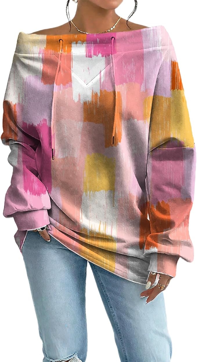 Womens Sweatshirts Floral Print Sexy Off The Shoulder T Shirts Oversized Long Sleeve Pullover Fall Tops