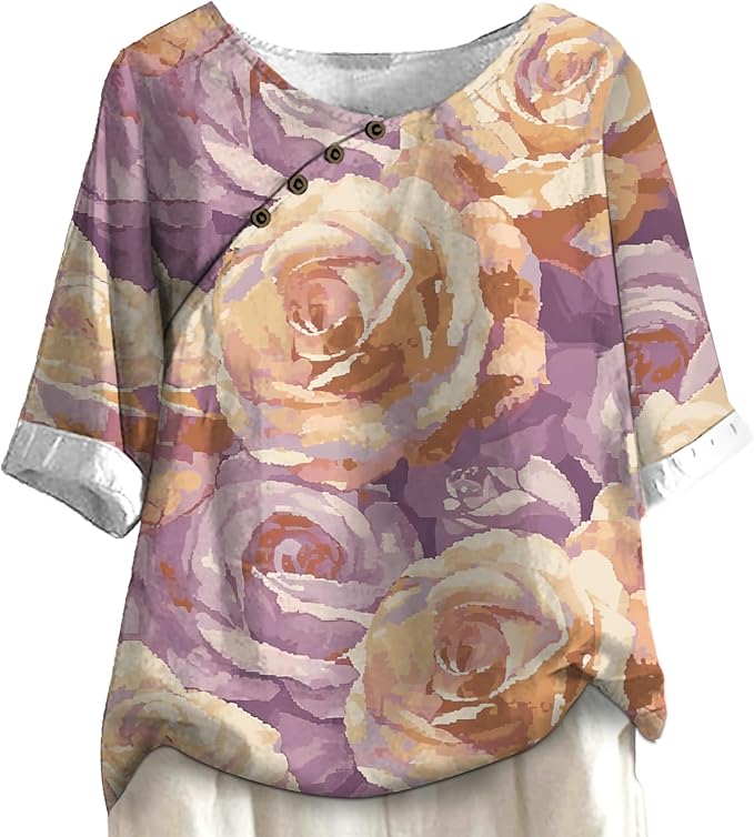 Women's Shirts Dressy Casual Asymmetric Side Button Down Design Tops Summer Loose Fit Crewneck Graphic Tees