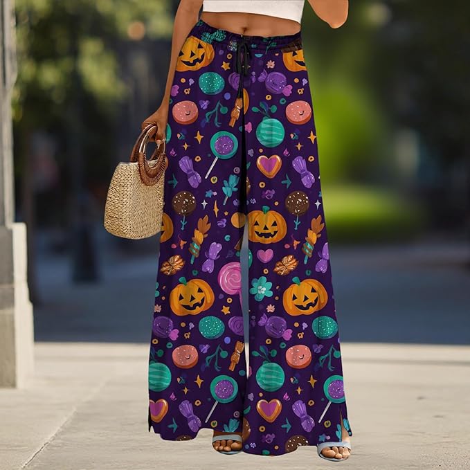 domirica Halloween Pants Women Drawstring Elastic Waist Wide Leg Pants Ladies Pumpkin Ghost Pajama Vintage Street Wear