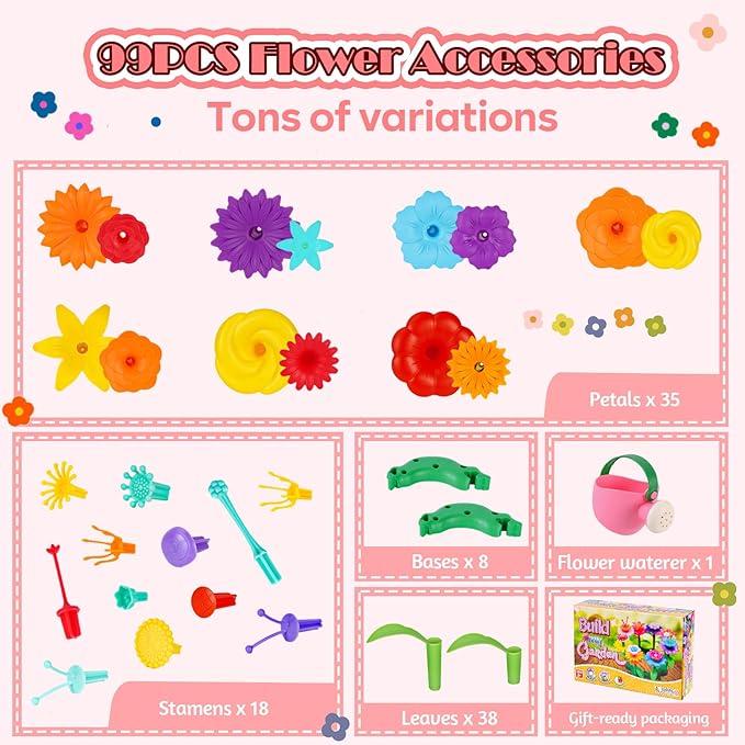 FUNZBO 99pcs Flower Garden Building Toys Set - Spring Toys for 3 4 5 6 7 8 9 Years Old Girls, STEM Montessori Educational Toys for Toddlers Kids,Sorting & Stacking Toy for Birthday Gifts