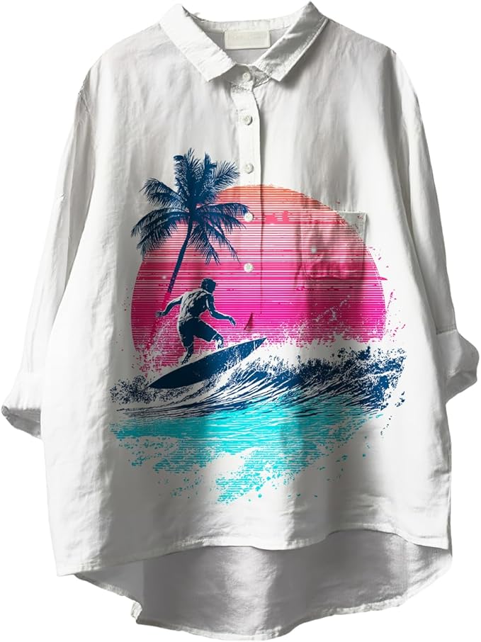 Womens Boho Tops 3/4 Long Sleeve Floral Blouses Hawaii Beach Button Down Shirts V Neck Pullover Casual Tunics
