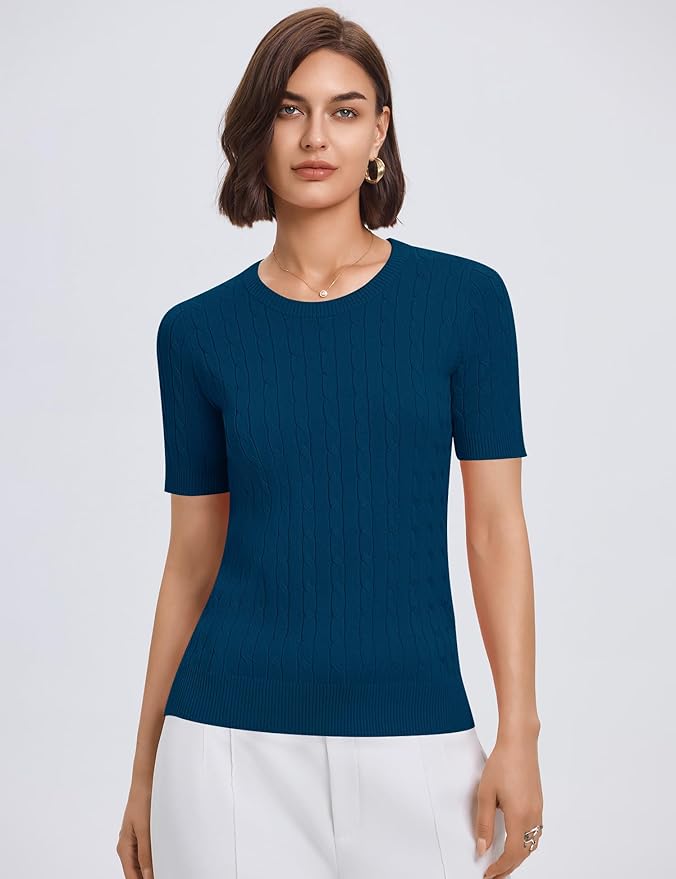 Micoson Womens Short Sleeve Cable Knit Sweater Tops Crewneck Lightweight Spring Summer Shirts Business Dressy Casual Outfits