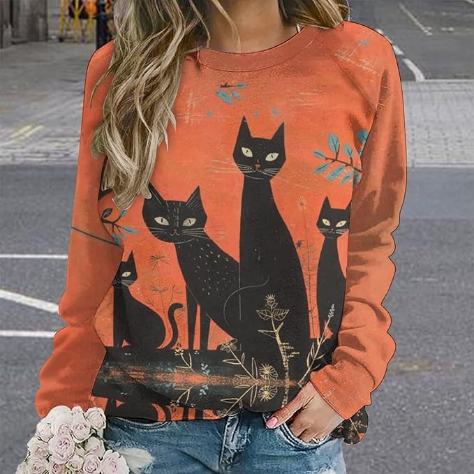 Spatofa Womens novelty funny cat printed crewneck sweatshirt casual loose long sleeve graphic pullover sweatshirts tops
