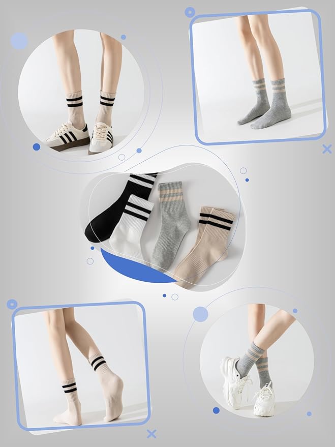 YUWELL Womens Striped Crew Socks, Cotton Cozy Casual Socks for Women 4 Pairs, Size 5-10