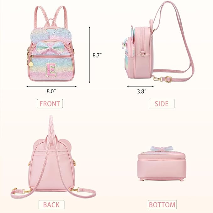 KKXIU Initial Bowknot Mini Backpacks for Girls Women, Small Cute Backpack Purse, Personalized Valentines Day Gifts for Toddler, Kids and Teen Girls(E, Rainbow)