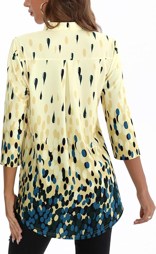 BAISHENGGT 3/4 Sleeve Tops for Women Notch V Neck Floral Work Blouses Dressy Casual Loose Fit Going Out Tunic Tops