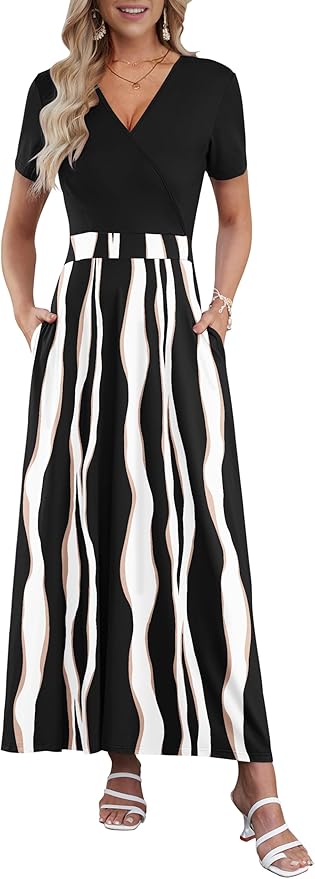 AUSELILY Maxi Dresses for Women Ankle Length Floral Print Beach Long Flowy Dress with Pockets