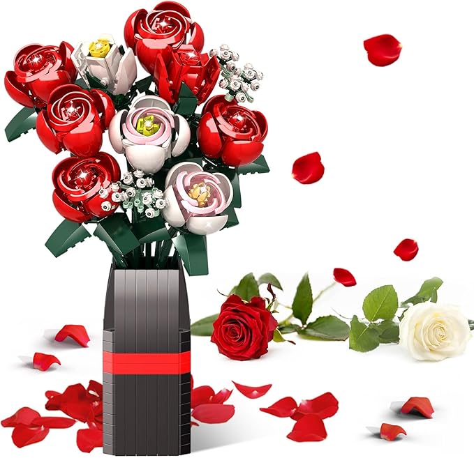 KOJAYHOL Roses Flower Bouquet Building Kit for Adults, Kids, 841PCS DIY Flowers Bouquet Building Set with Vase, Roses Artificial Flowers Building Set, Gifts Ideas for Anniversaries, Birthday, Wedding