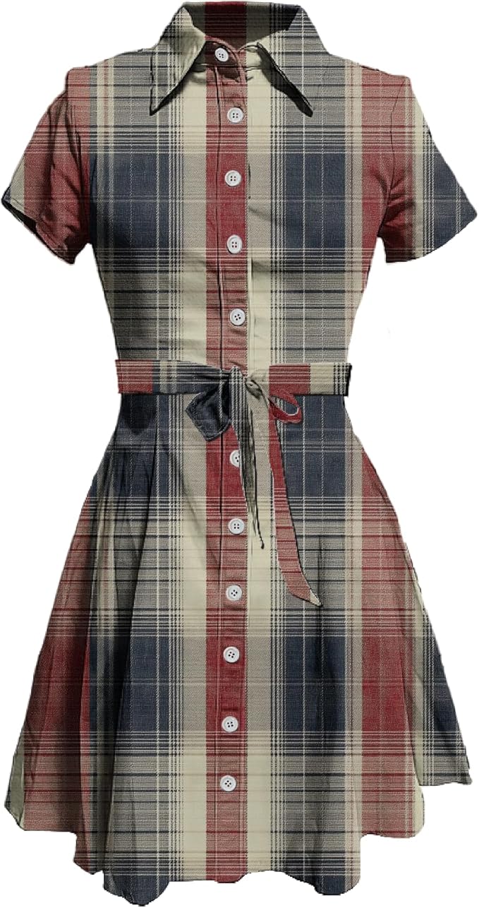MARSVOVO Vintage Retro Shirt Dress for Women Short Sleeve Button Down Tie Waist Elegant Smocked Knee Length Dress
