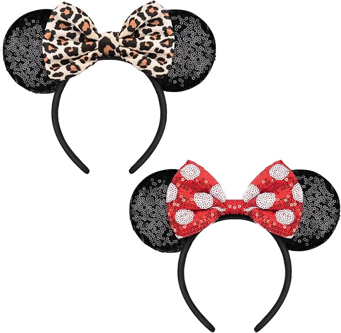 YUNISS 2 PCS Mouse Ears, Shiny Sequin Bow Mouse Ears Headbands for Adult Women Girls Christmas Birthday Party