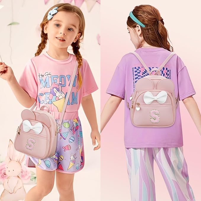 KKXIU Girls Initial Bowknot Cute Mini Backpack for Toddler, Travel Small Girl Backpacks, Personalized Valentine's Day Gifts for Little Girls and Kids(S, Pink)