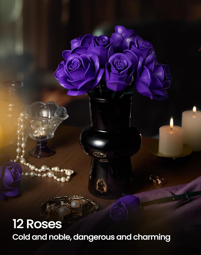 iATOM Purple Rose Bouquet Building Set, 12Pcs Flowers Botanical Collection for Adults Women, Valentine's Day Gift for Her/Girlfriend/Mom/Wife/Couple, Purple Retro Home Office Table Centerpiece Decor
