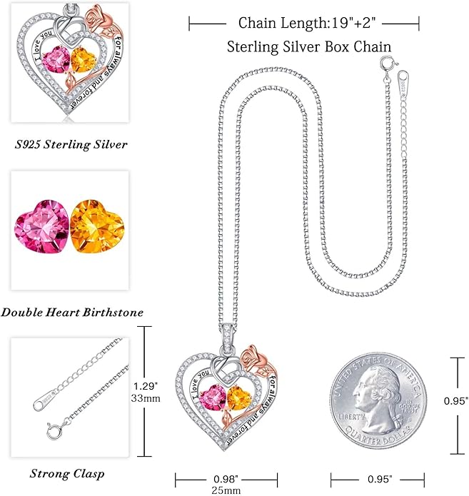 Iefil Valentines Day Gifts for Her - 925 Sterling Silver Double Birthstone Necklace, Anniversary Birthday Gifts for Women, Jewelry Gift for Wife Girlfriend Mom Her