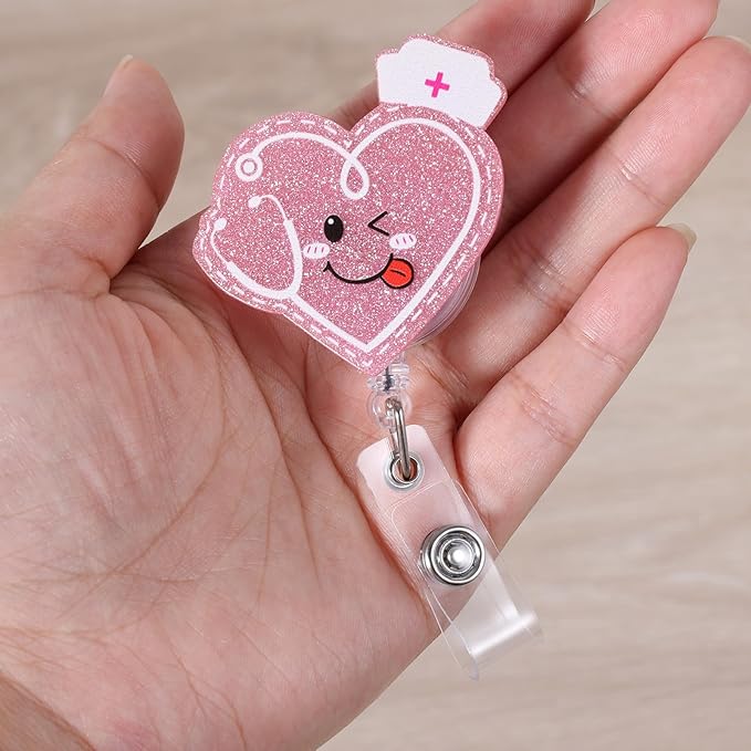 Pink Badge Reel, Cute Pediatric Retractable ID Card Badge Holder, Name Tag Work Badge Clip for NICU ICU RN LPN CNA MA ER OB/GYN Night Shift Nurse Nursing Student, Nurse Gifts, Office Stocking Stuffer
