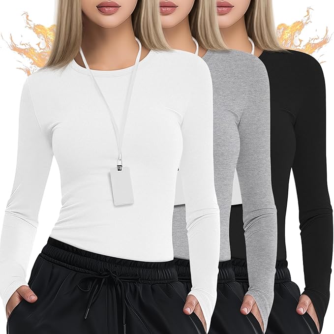 3 Pack Women's Underscrub Shirts Long Sleeve Thermal Scrub Undershirts Nurse Crew Neck Slim Fit Fleece Top Basic Tee