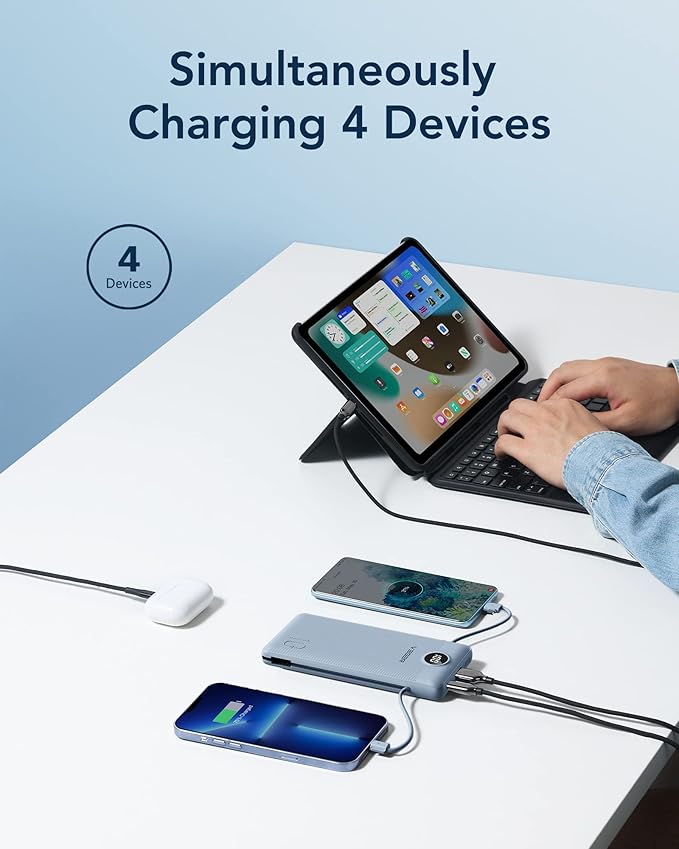 VEGER Portable Charger for iPhone Built in Cables and Wall Plug, 10000mah Slim Fast Charging USB C Power Bank, Travel Essential Battery Pack Compatible with iPhones, iPad, Samsung More Devices(Blue)